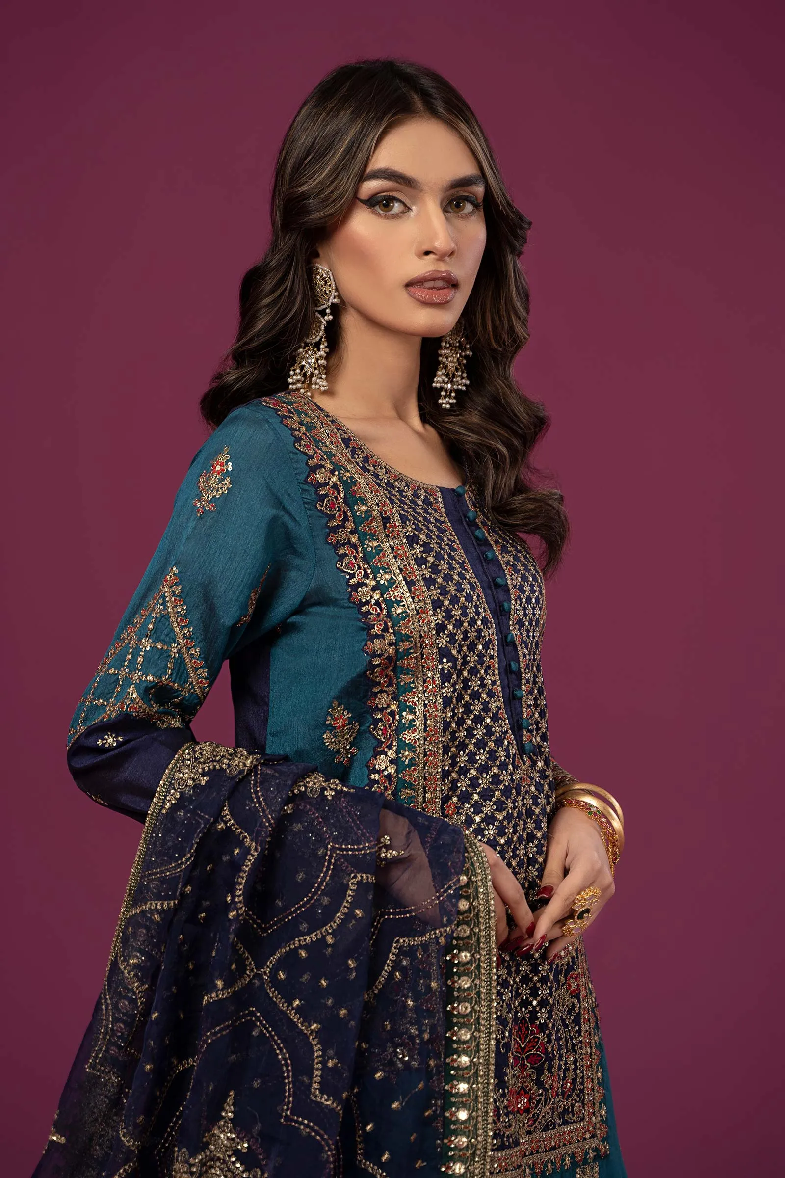 3 Piece Embroidered Raw Silk Suit | SF-EF24-27