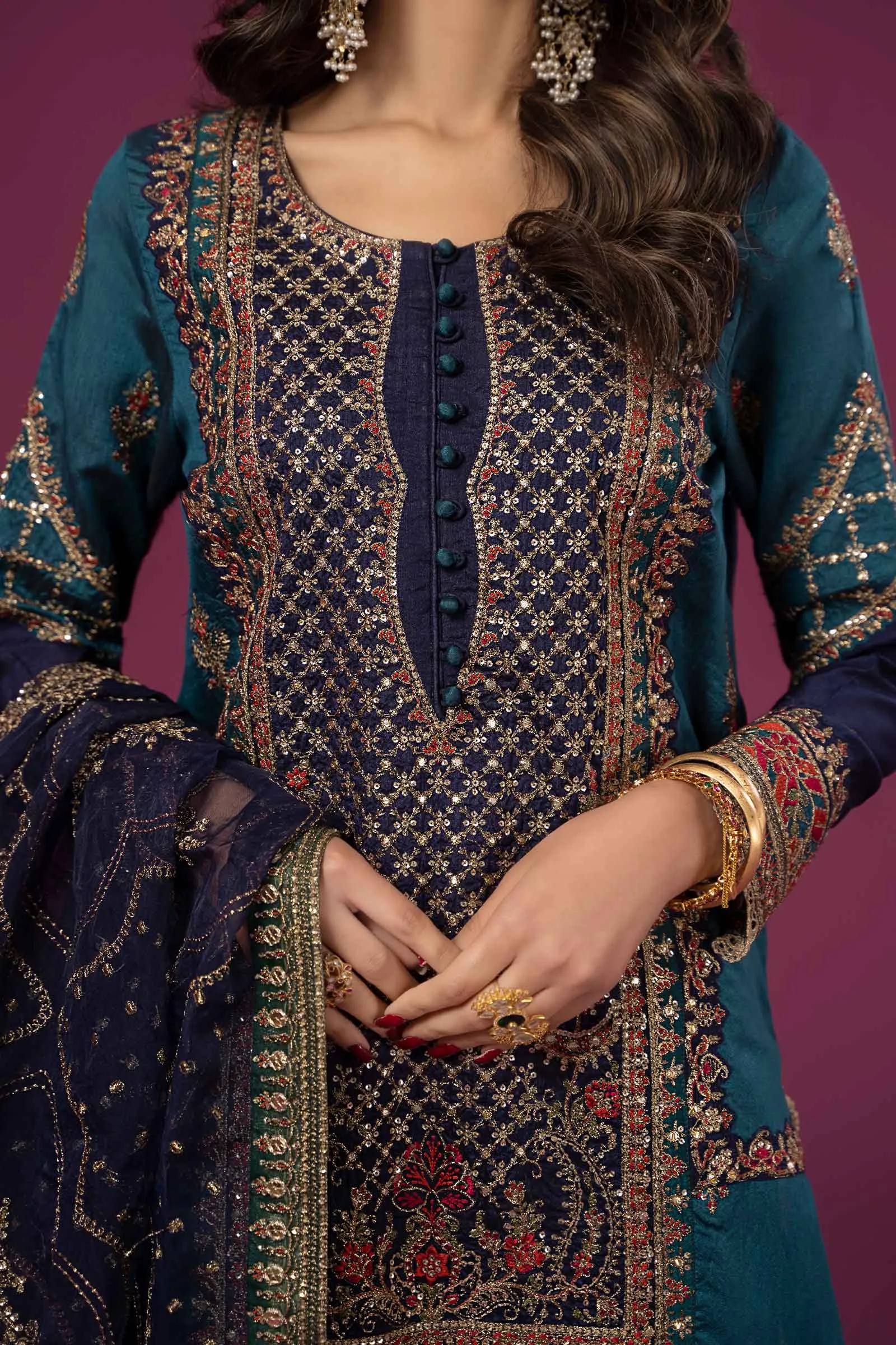 3 Piece Embroidered Raw Silk Suit | SF-EF24-27