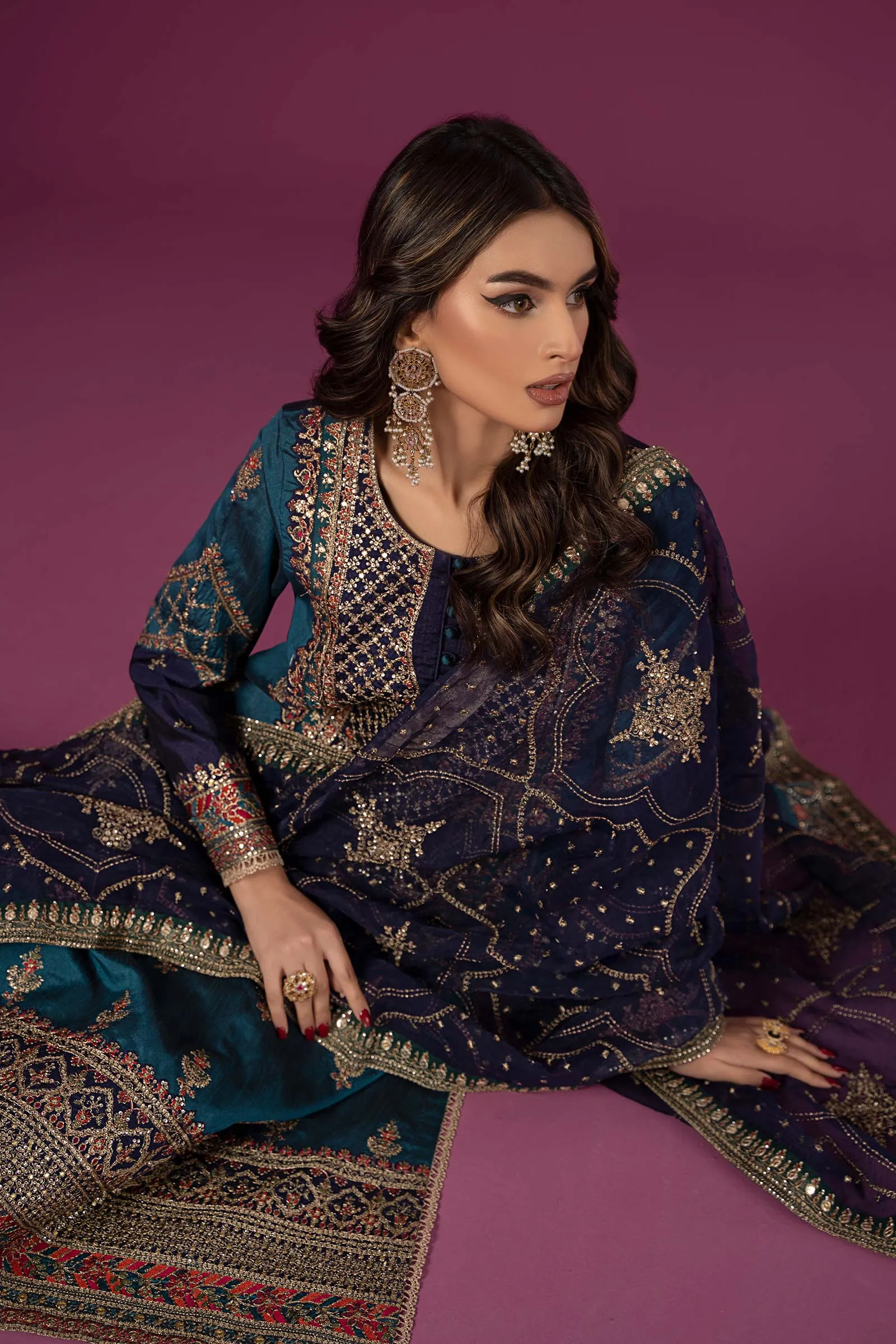 3 Piece Embroidered Raw Silk Suit | SF-EF24-27