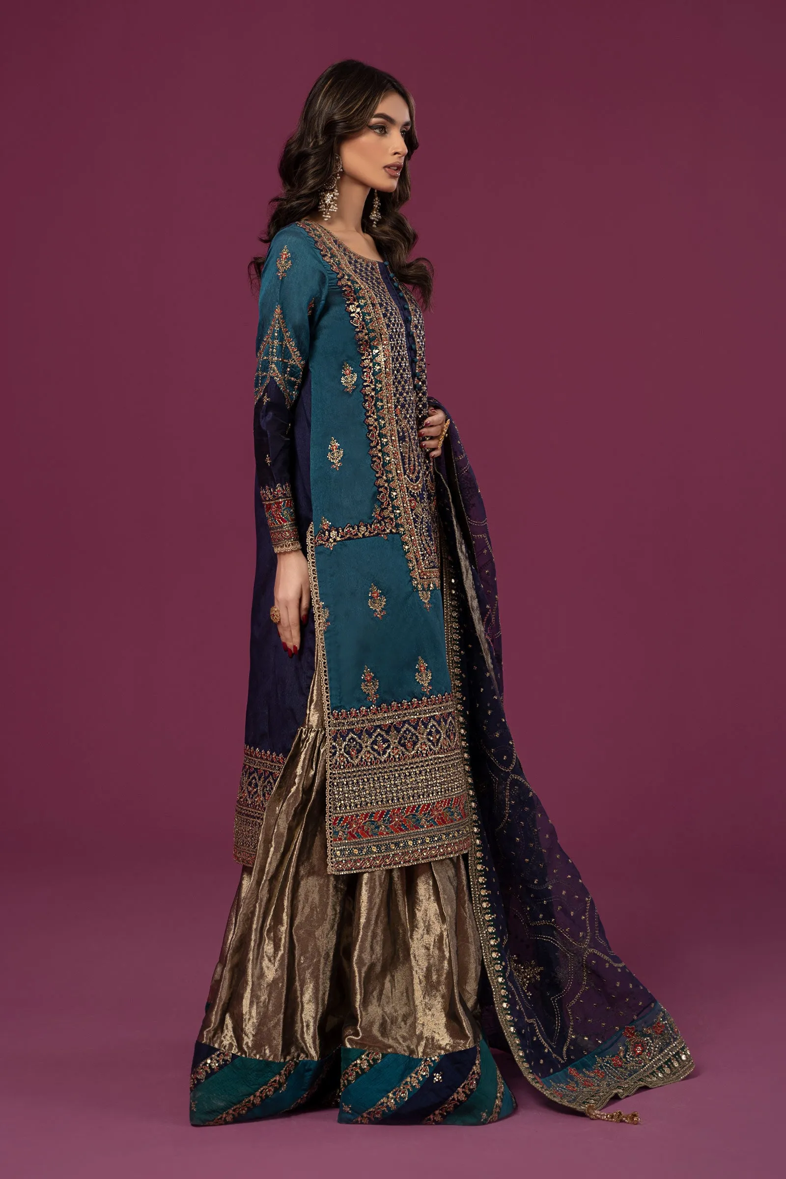 3 Piece Embroidered Raw Silk Suit | SF-EF24-27