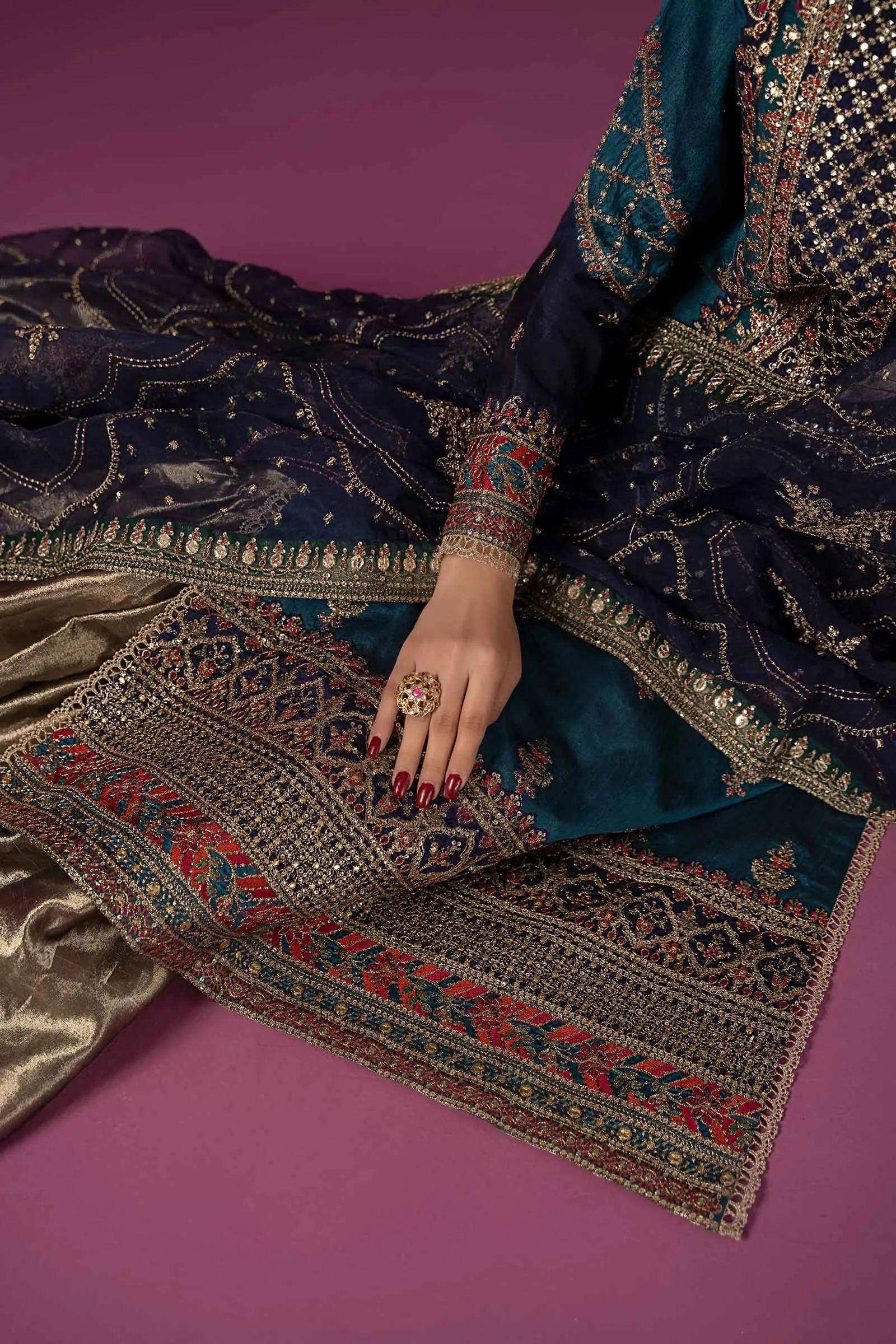 3 Piece Embroidered Raw Silk Suit | SF-EF24-27