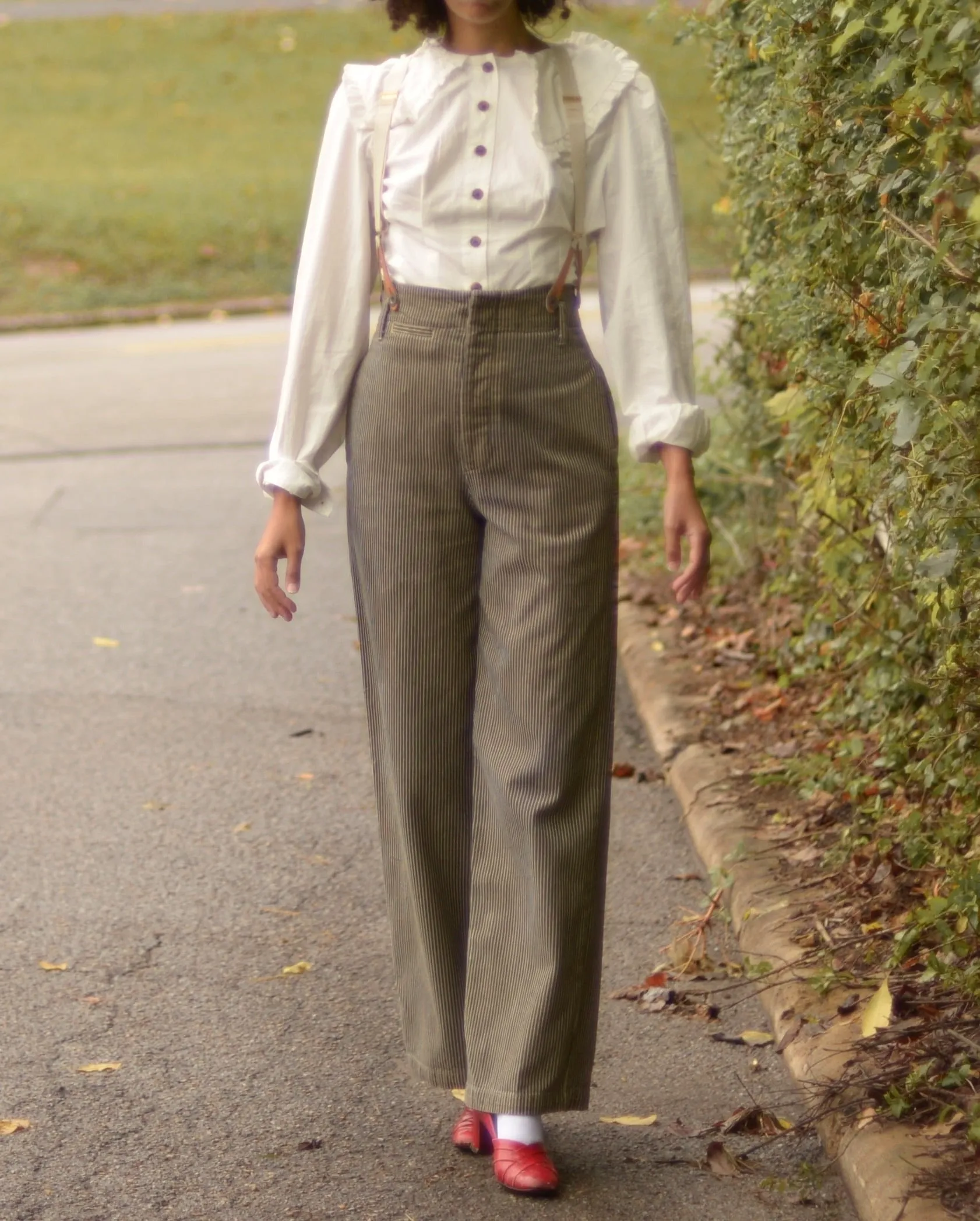 90s cotton striped ultra high waist trousers with suspenders buttons