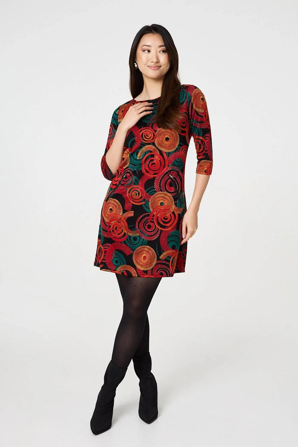 Abstract 3/4 Sleeve Short Shift Dress