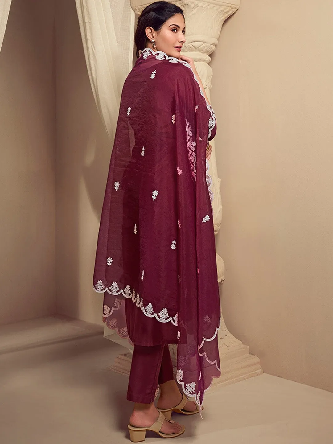 Amyra Dastur Burgundy Floral Regular Thread Work Pure Silk Straight Kurta with Trousers & Dupatta