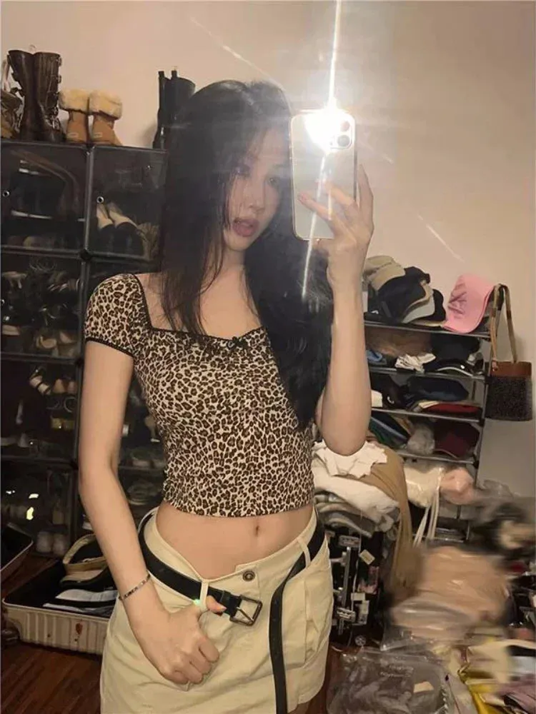 Back To School Joskaa Y2k Leopard Print Crop Top for Girls Coquette Tights Square Collar T-shirts Women Summer Fashion Aesthetics Harajuku Tee