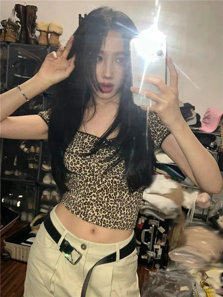 Back To School Joskaa Y2k Leopard Print Crop Top for Girls Coquette Tights Square Collar T-shirts Women Summer Fashion Aesthetics Harajuku Tee