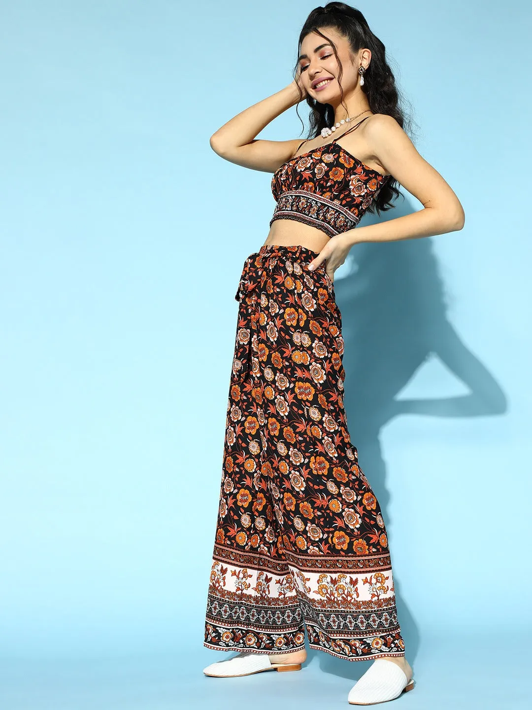 Berrylush Women Black & Orange Floral Printed Round Neck Waist Tie-Up Crop Top & Wide-Leg Trousers Set