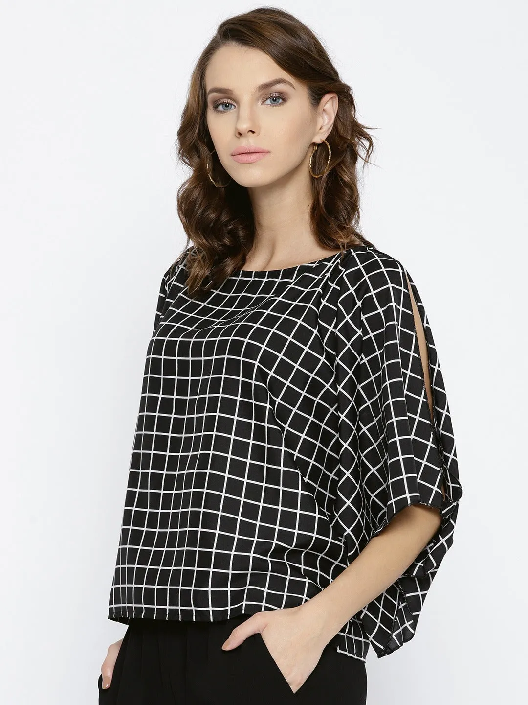 Berrylush Women Black & White Checked Pattern Round Neck Three-quarter Slited Sleeves Regular Boxy Top