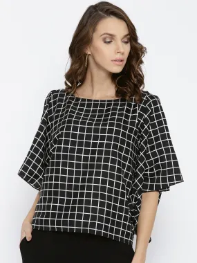 Berrylush Women Black & White Checked Pattern Round Neck Three-quarter Slited Sleeves Regular Boxy Top