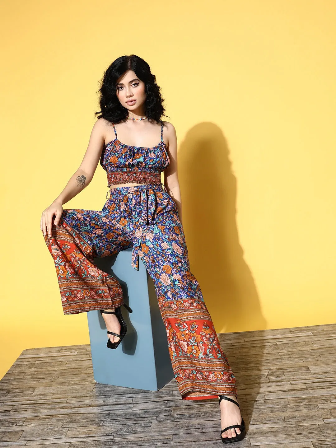 Berrylush Women Blue & Brown Floral Printed Round Neck Waist Tie-Up Crop Top & Wide-Leg Trousers Set