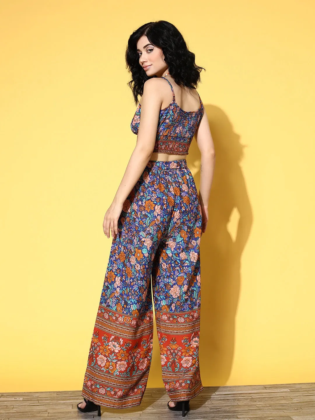 Berrylush Women Blue & Brown Floral Printed Round Neck Waist Tie-Up Crop Top & Wide-Leg Trousers Set