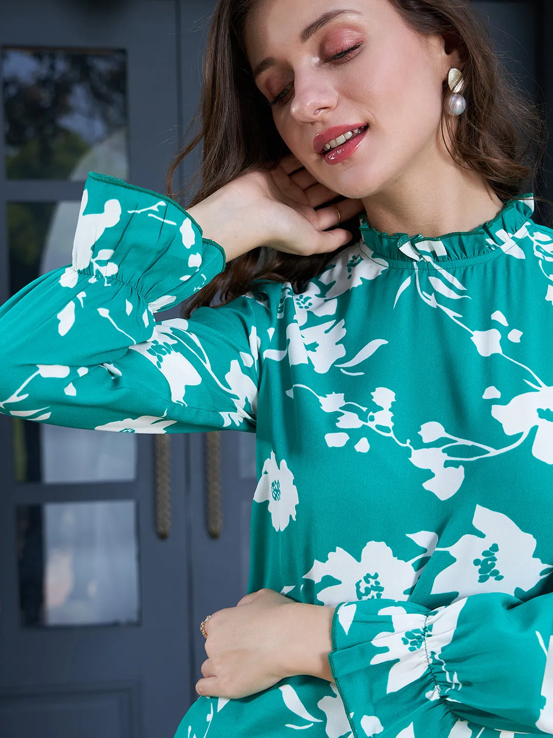 Berrylush Women Green & White Floral Printed High Neck Bell Sleeves Crepe Button-Up Regular Top