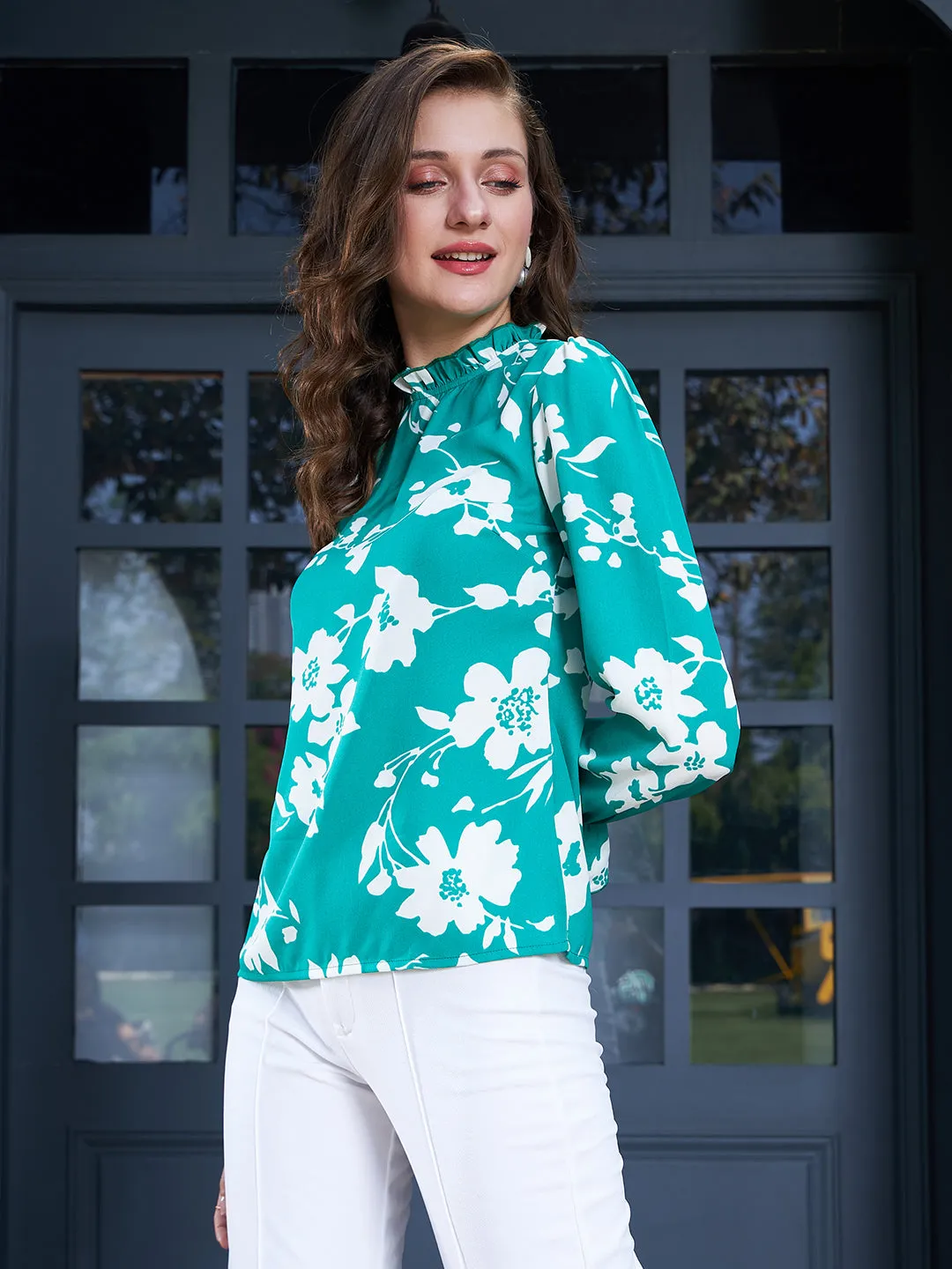 Berrylush Women Green & White Floral Printed High Neck Bell Sleeves Crepe Button-Up Regular Top