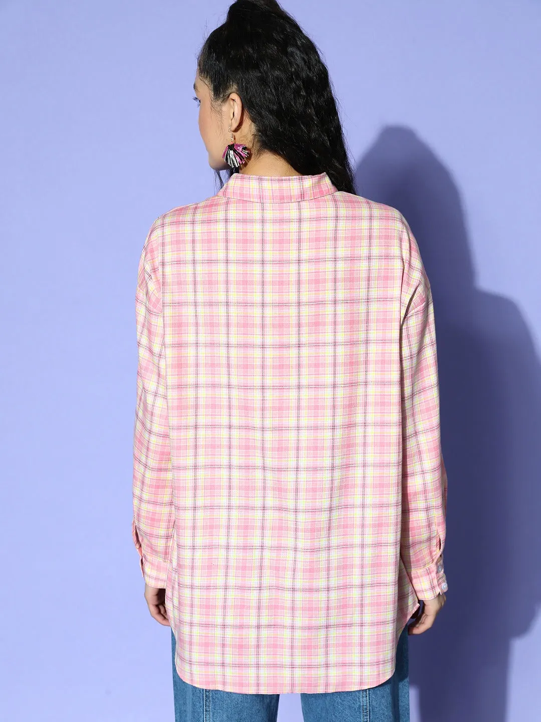 Berrylush Women Pink & White Tartan Checked Pattern Spread Collar Neck Button-Up Cotton Curved Hem Longline Shirt