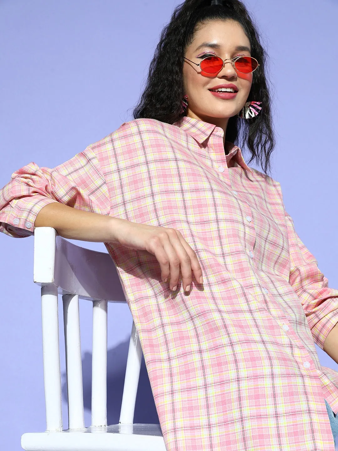 Berrylush Women Pink & White Tartan Checked Pattern Spread Collar Neck Button-Up Cotton Curved Hem Longline Shirt