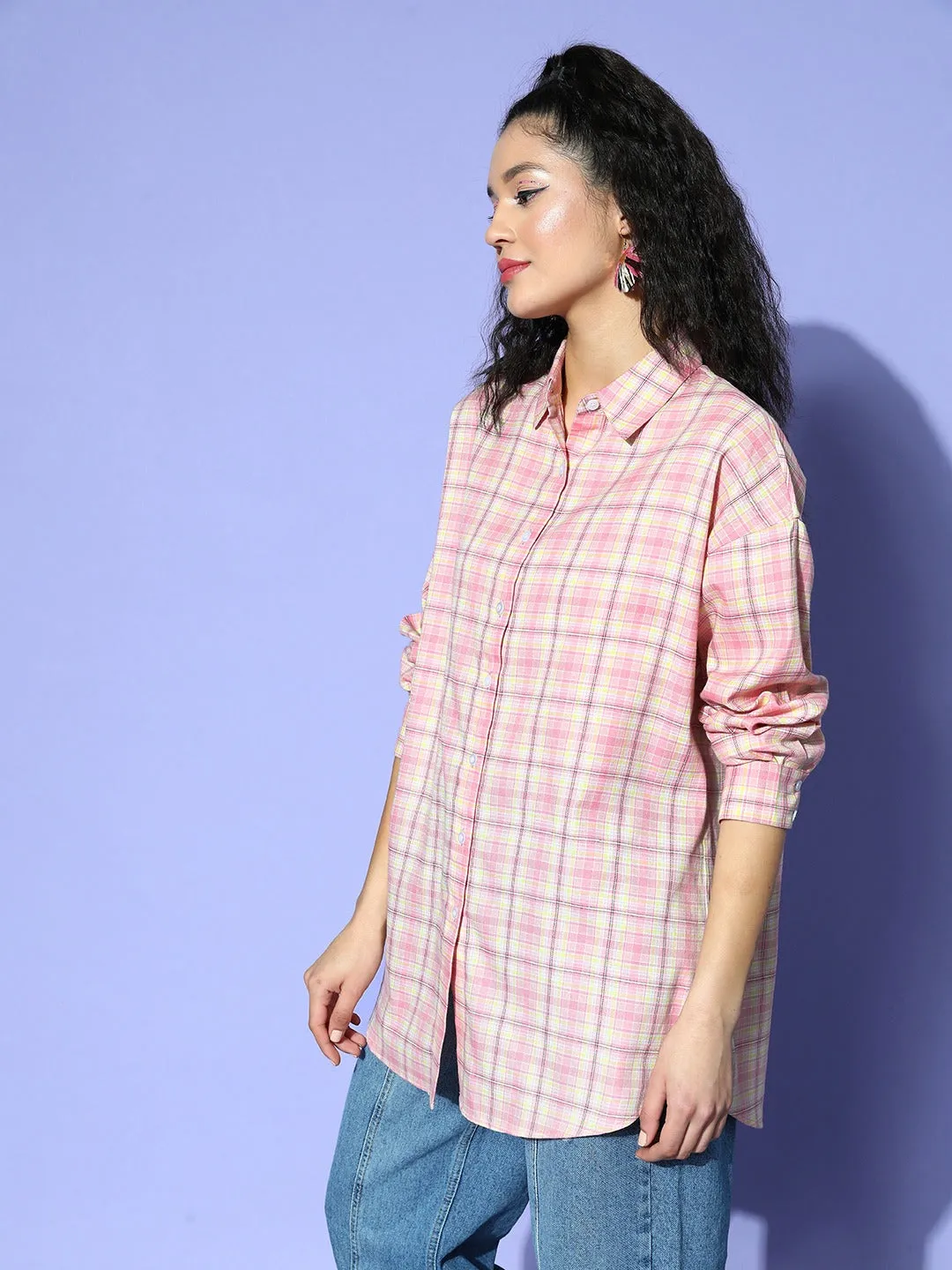 Berrylush Women Pink & White Tartan Checked Pattern Spread Collar Neck Button-Up Cotton Curved Hem Longline Shirt