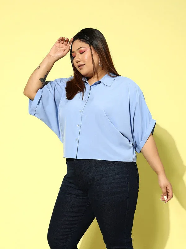 Berrylush Women Plus Size Solid Blue Spread Collar Neck Batwing Sleeve Polyester Curved Hem Regular Shirt