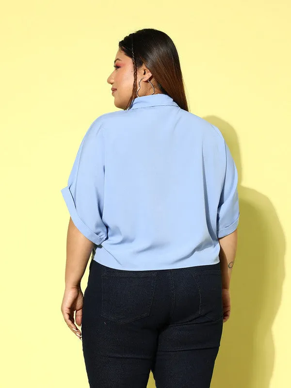 Berrylush Women Plus Size Solid Blue Spread Collar Neck Batwing Sleeve Polyester Curved Hem Regular Shirt