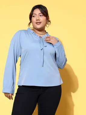 Berrylush Women Plus Size Solid Blue Tie-Up Neck Cuff Sleeves Crepe Woven Regular Top