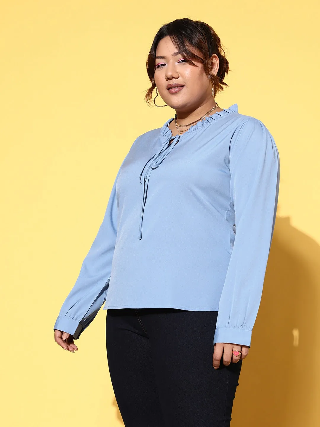 Berrylush Women Plus Size Solid Blue Tie-Up Neck Cuff Sleeves Crepe Woven Regular Top