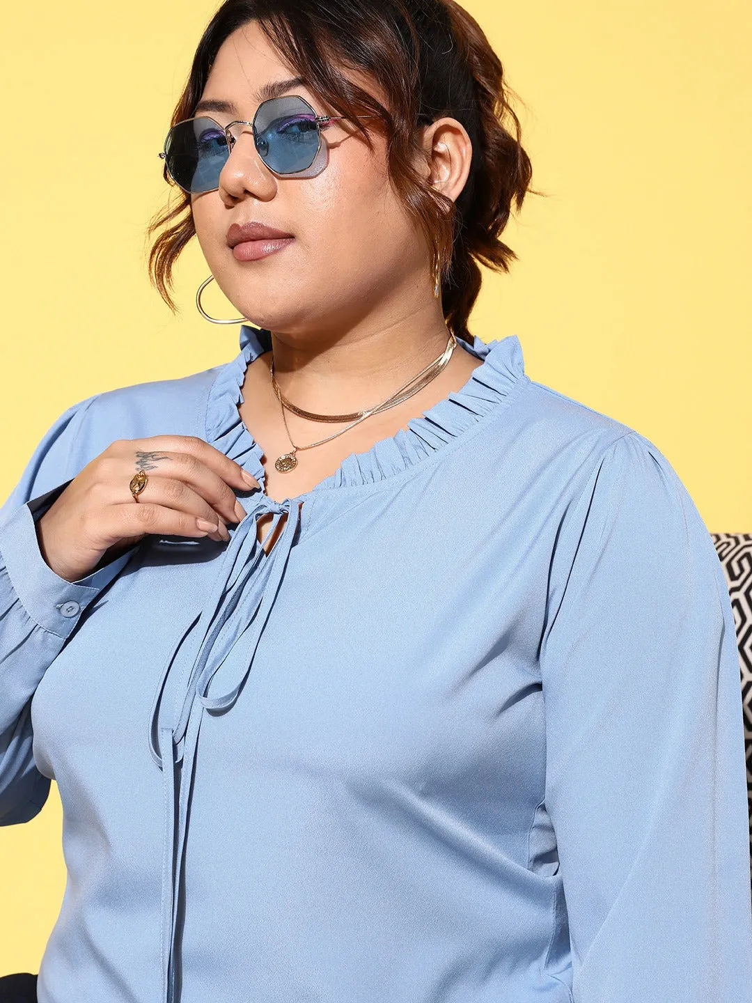 Berrylush Women Plus Size Solid Blue Tie-Up Neck Cuff Sleeves Crepe Woven Regular Top