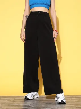 Berrylush Women Solid Black High-Rise Waist Polyester Button-Up Straight Leg Trousers