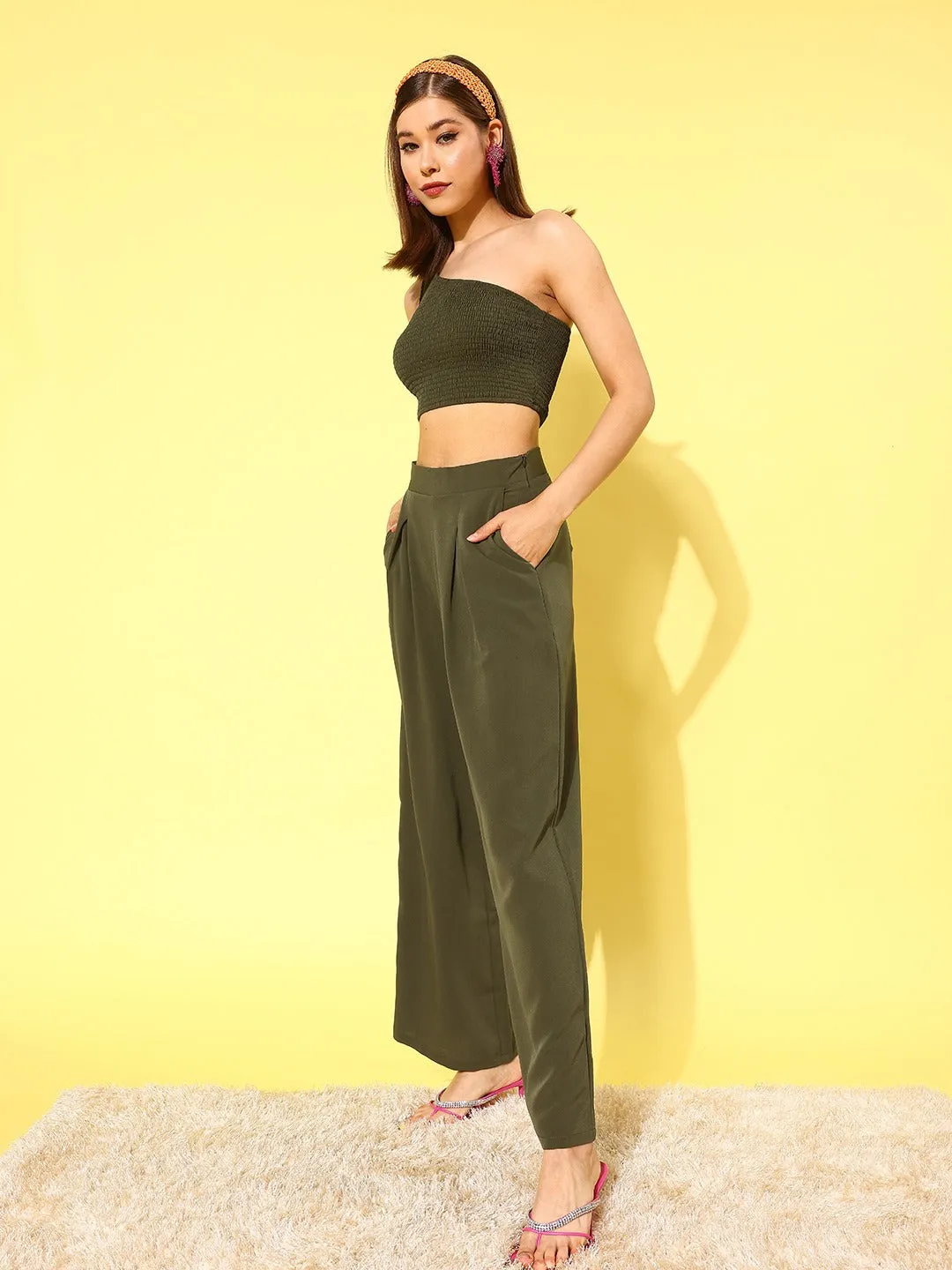 Berrylush Women Solid Olive One-Shoulder Neck Sleeveless Slip-On Smocked Crop Top & Wide-Leg Trousers Co-Ord Set