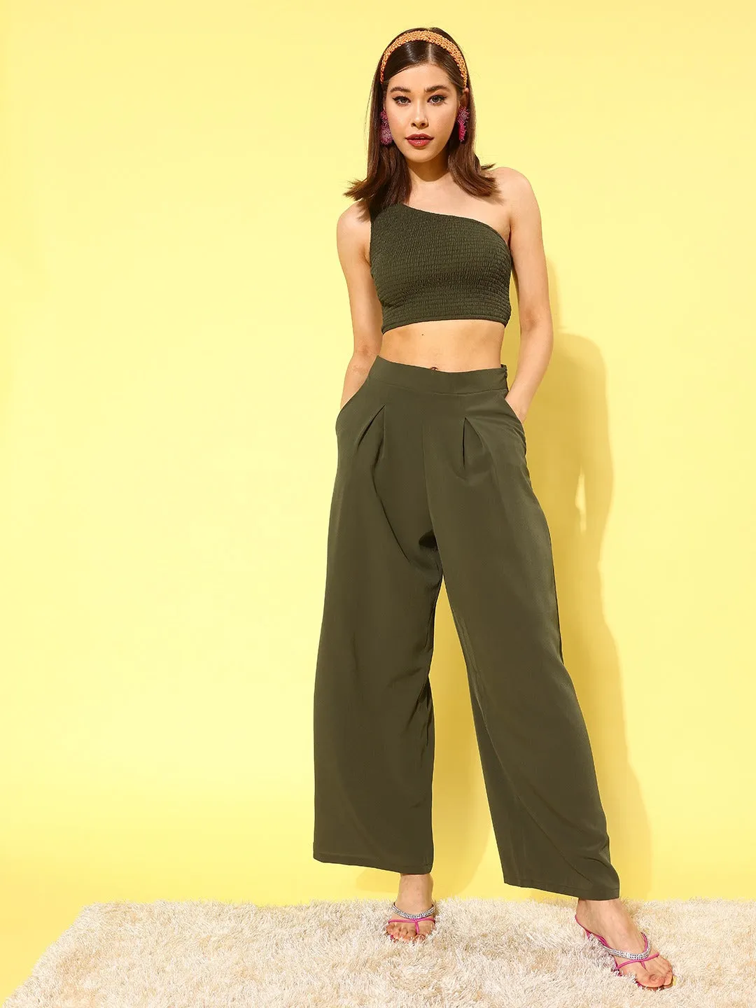 Berrylush Women Solid Olive One-Shoulder Neck Sleeveless Slip-On Smocked Crop Top & Wide-Leg Trousers Co-Ord Set