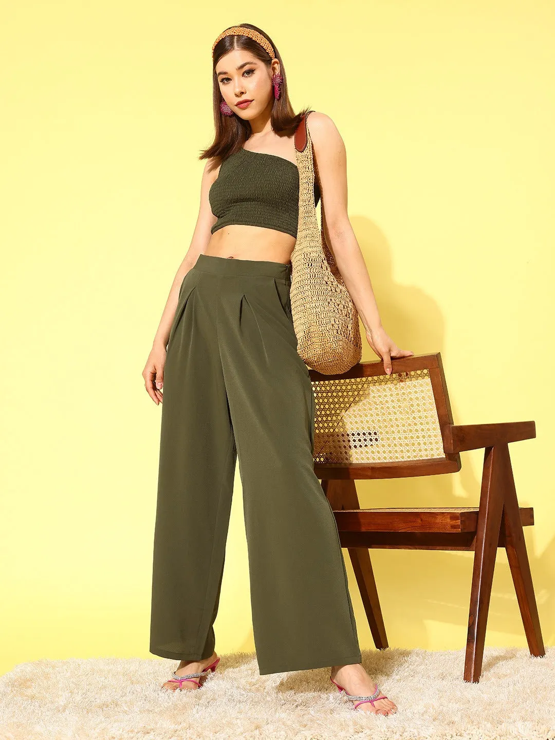 Berrylush Women Solid Olive One-Shoulder Neck Sleeveless Slip-On Smocked Crop Top & Wide-Leg Trousers Co-Ord Set