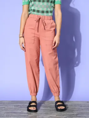 Berrylush Women Solid Pink Front Tie-Up 2-Pocket High-Rise Elastic Waist Pleated Regular Trousers