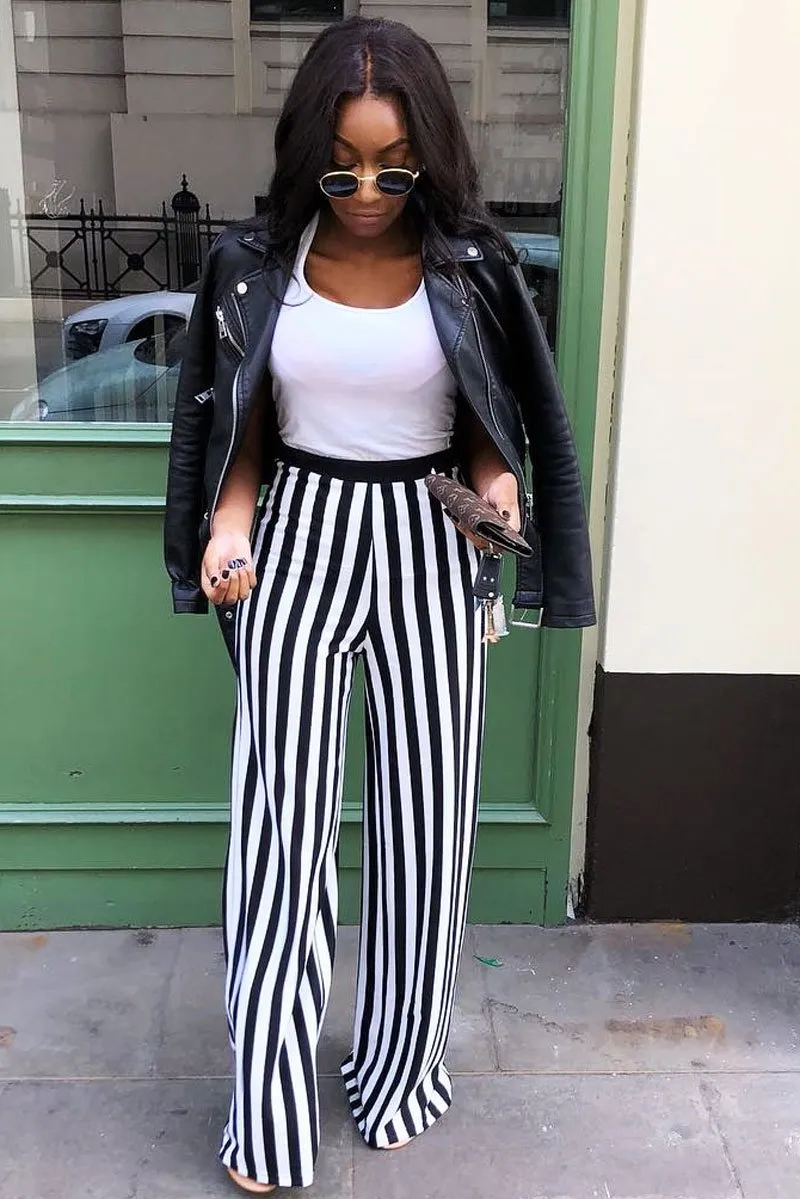 Black and White Striped Wide Leg Trousers - Blakley