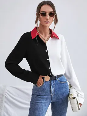 Black Color Block Patchwork Button Long Sleeve Shirt