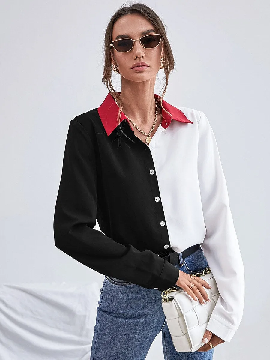 Black Color Block Patchwork Button Long Sleeve Shirt