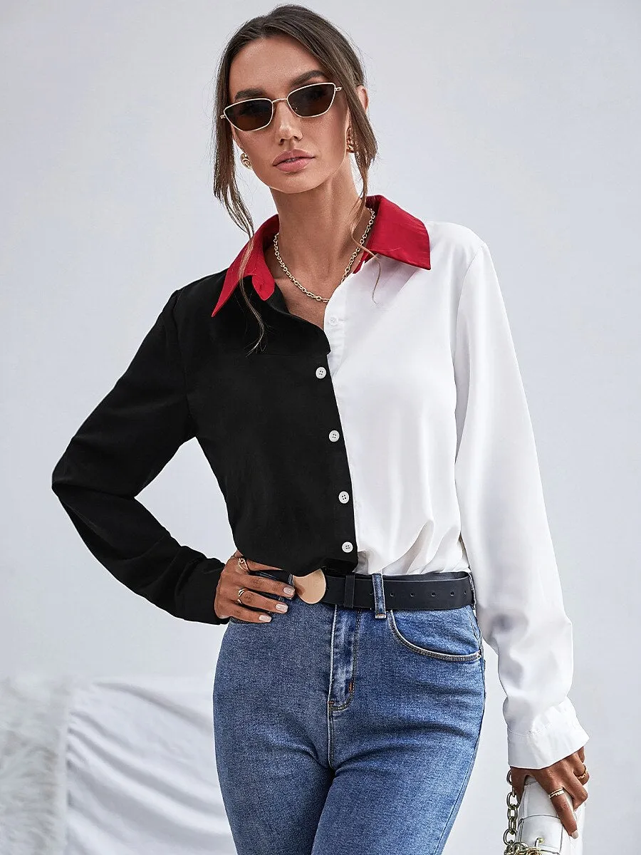 Black Color Block Patchwork Button Long Sleeve Shirt