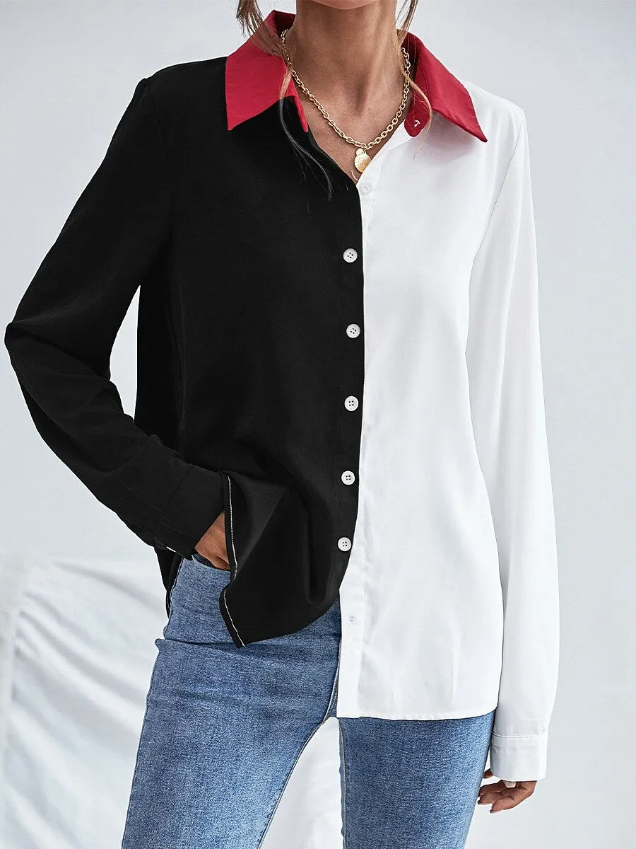 Black Color Block Patchwork Button Long Sleeve Shirt