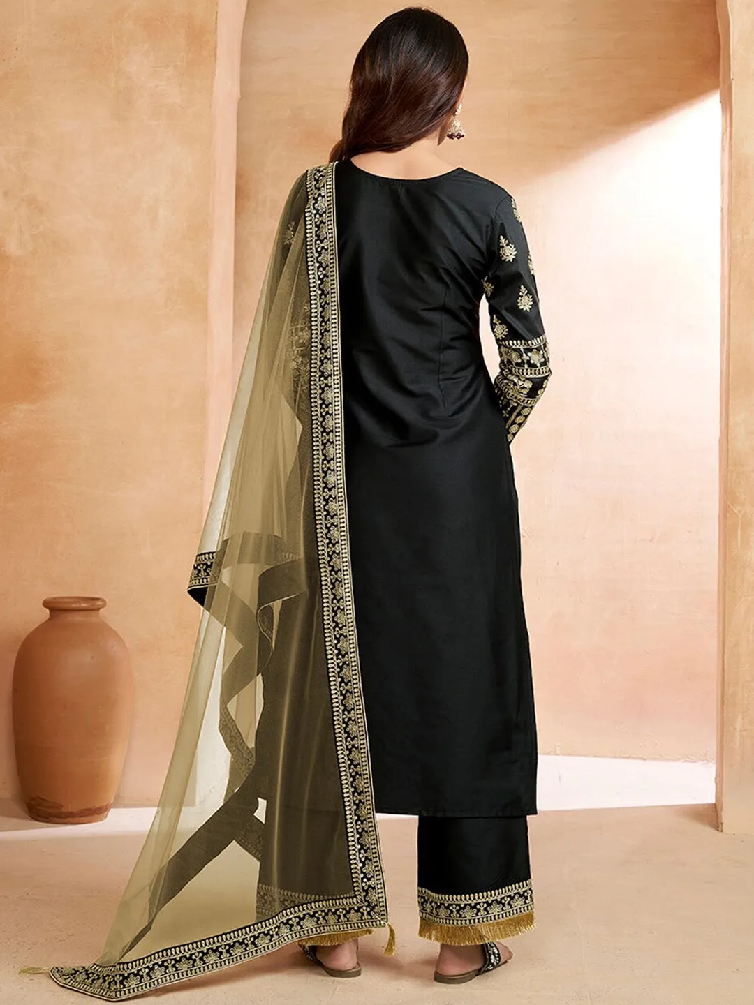 Black Ethnic Motifs Embroidered Thread Work Tie-Up Neck Kurta With Trousers & Dupatta