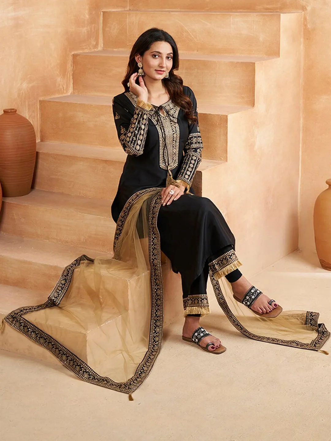 Black Ethnic Motifs Embroidered Thread Work Tie-Up Neck Kurta With Trousers & Dupatta