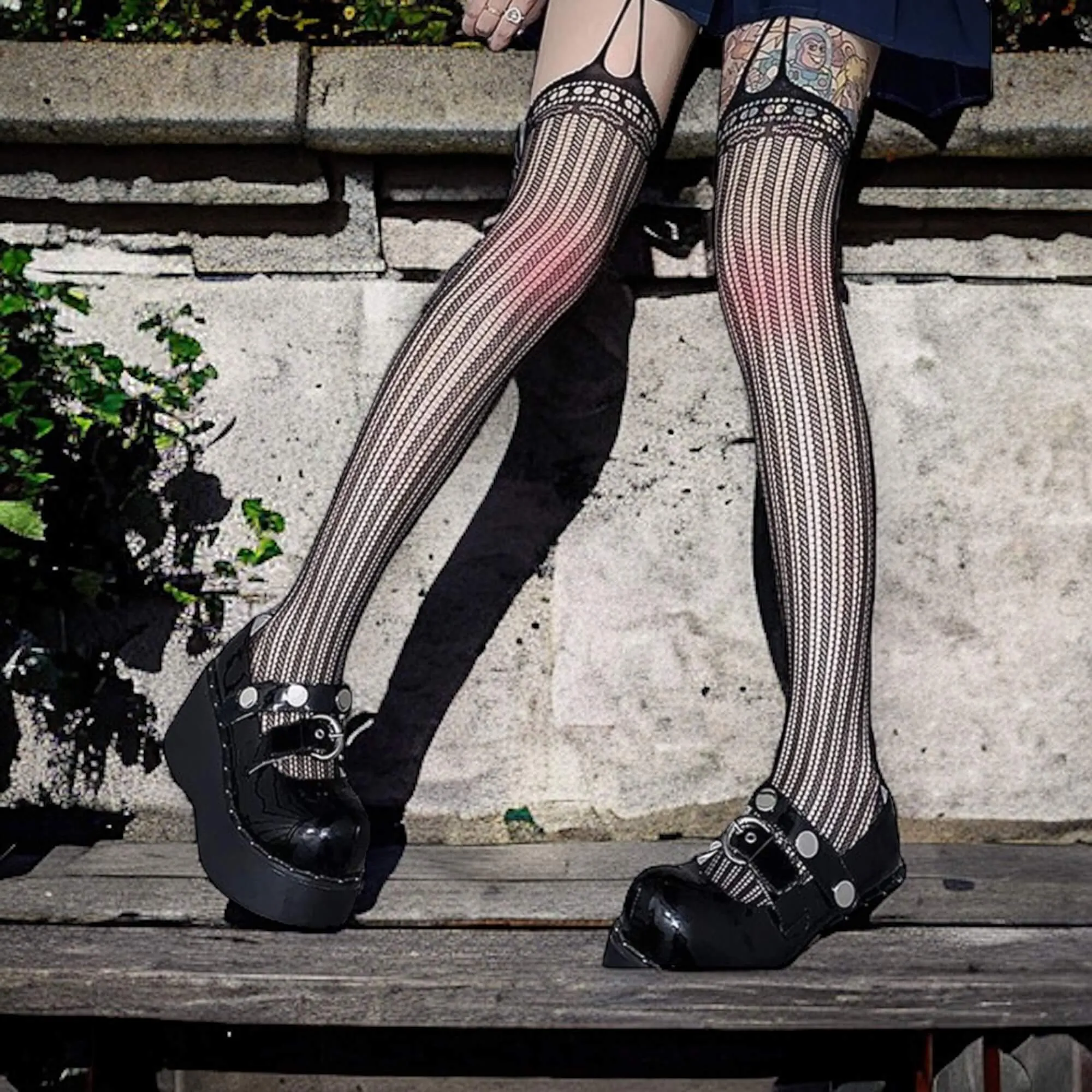 Black Fishnet Suspender Thigh High Tights