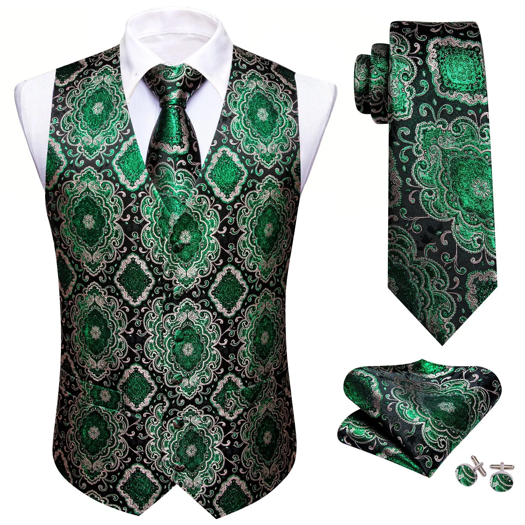 Black Green Novelty Jacquard Silk Men's Vest Hanky Cufflinks Tie Set