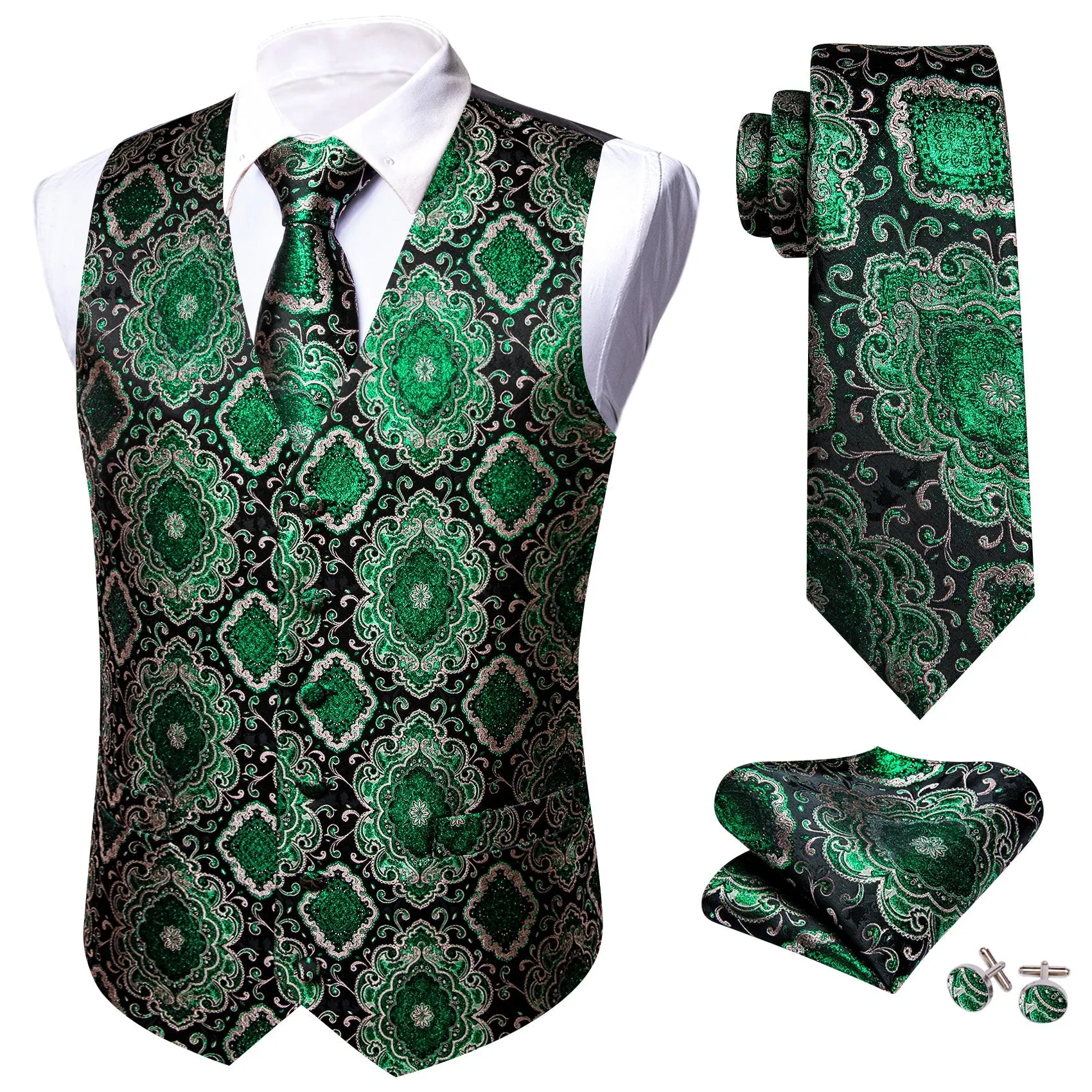 Black Green Novelty Jacquard Silk Men's Vest Hanky Cufflinks Tie Set