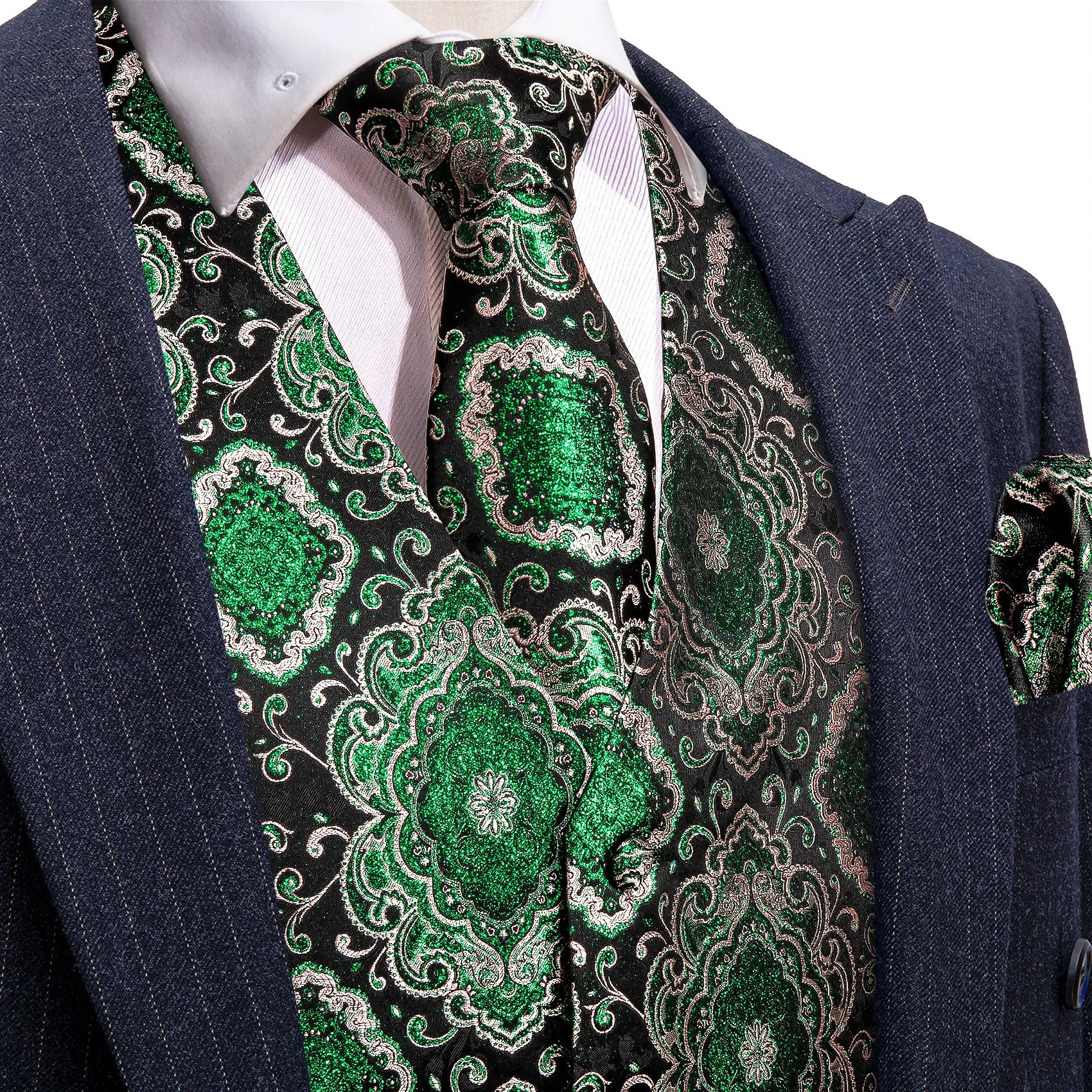 Black Green Novelty Jacquard Silk Men's Vest Hanky Cufflinks Tie Set