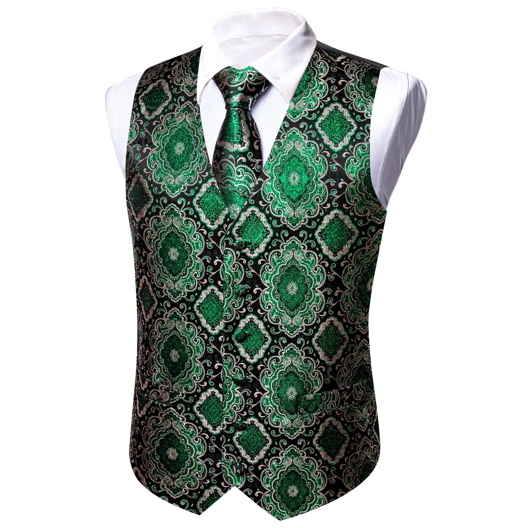 Black Green Novelty Jacquard Silk Men's Vest Hanky Cufflinks Tie Set