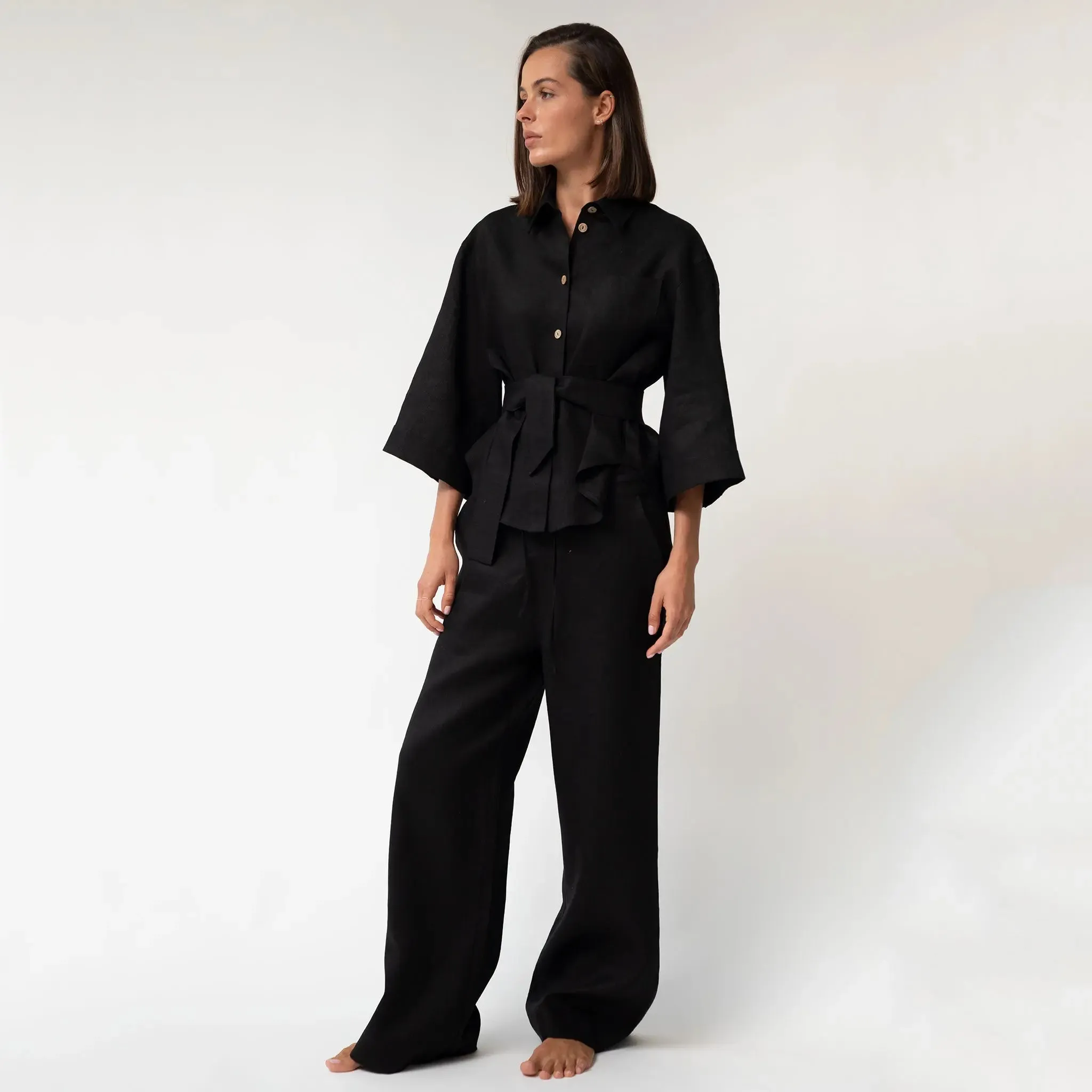 Black Heavy Linen Wide-Leg Women's Trousers Perfect Days