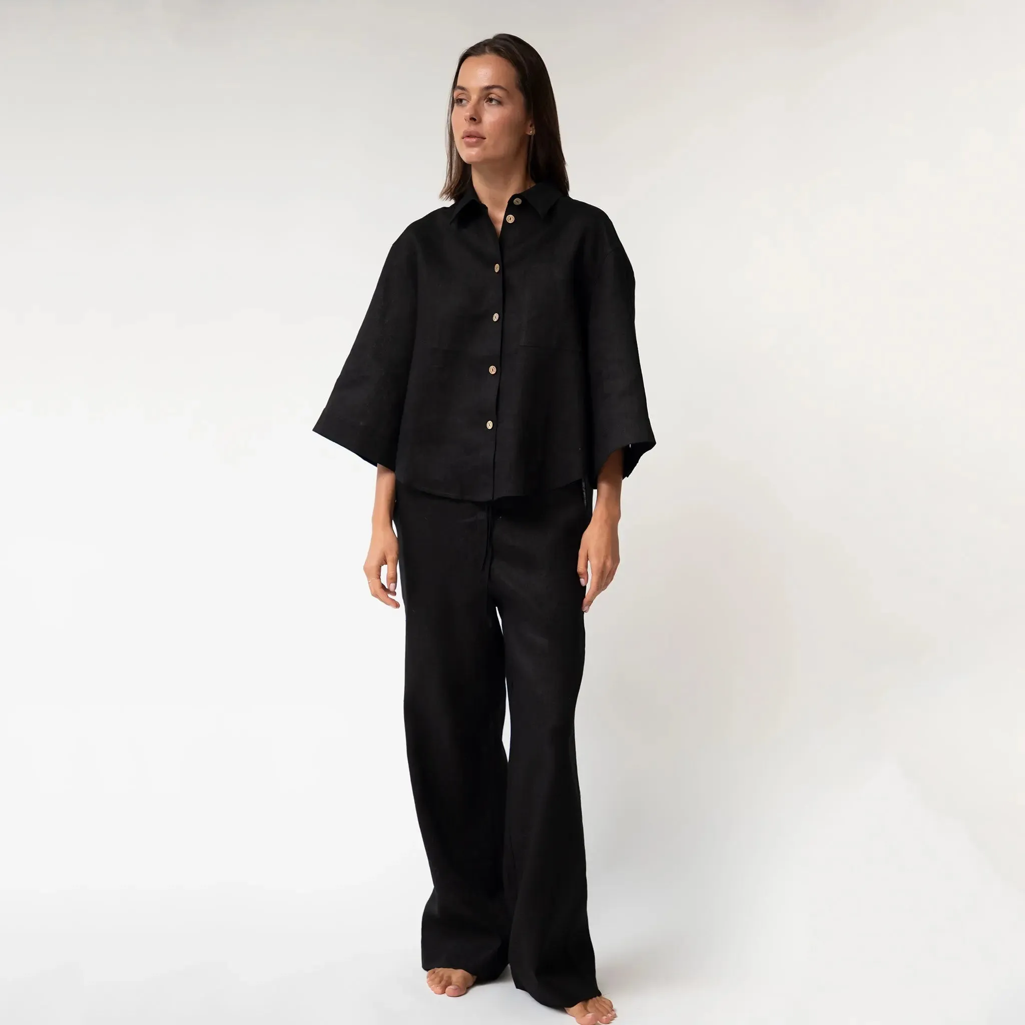 Black Heavy Linen Wide-Leg Women's Trousers Perfect Days