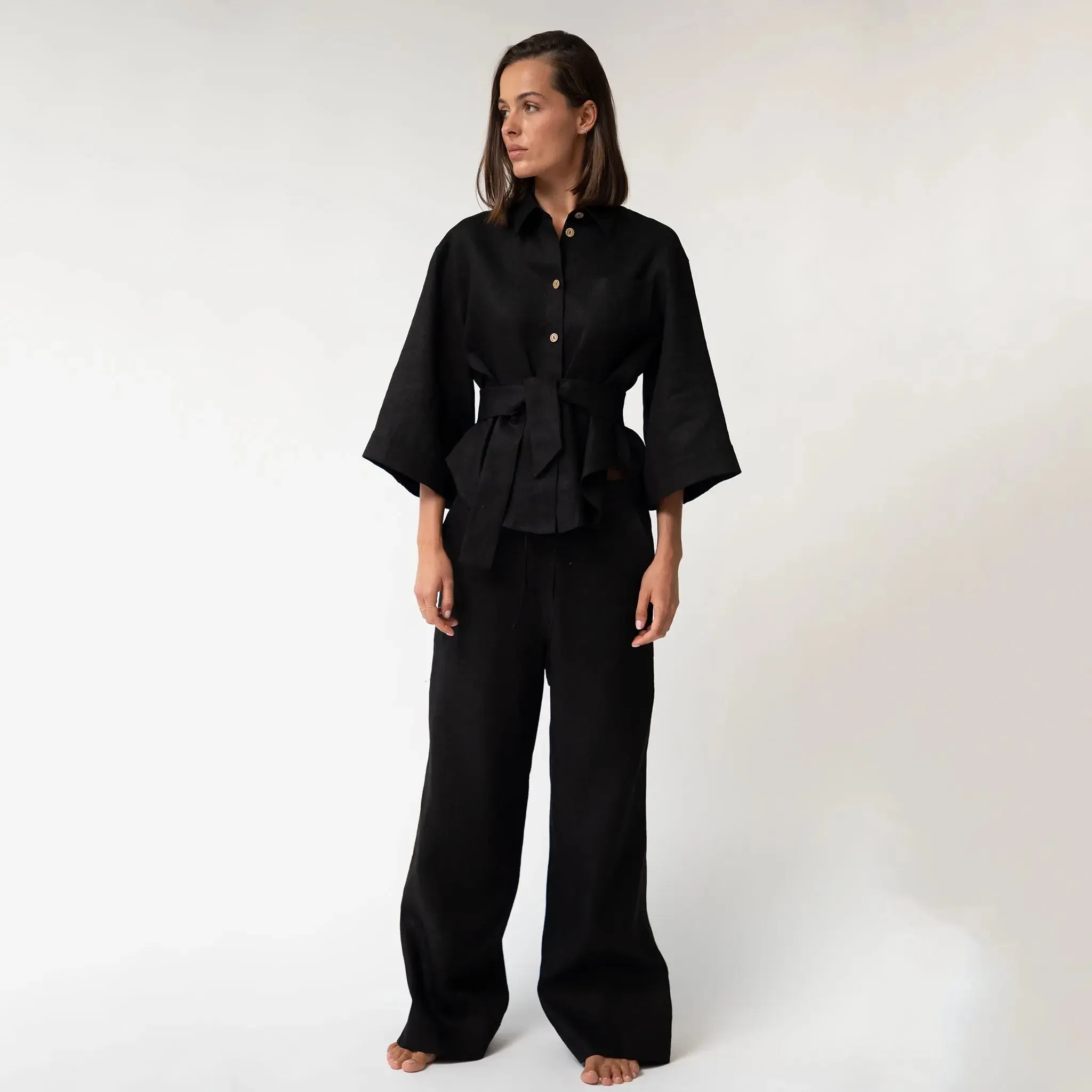 Black Heavy Linen Wide-Leg Women's Trousers Perfect Days