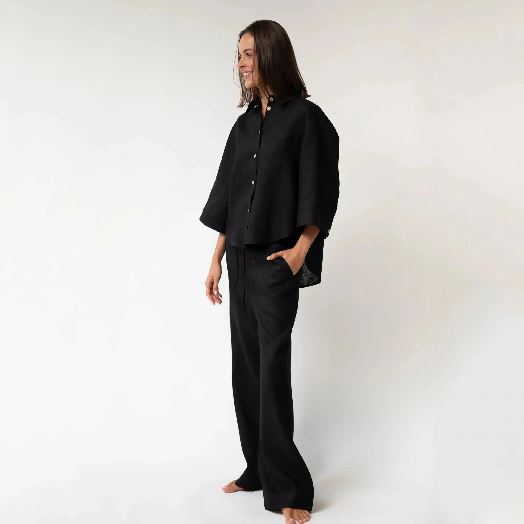 Black Heavy Linen Wide-Leg Women's Trousers Perfect Days