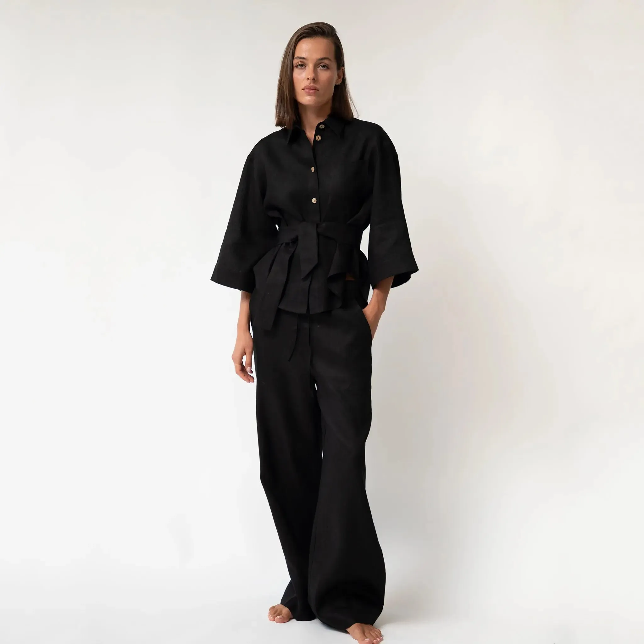 Black Heavy Linen Wide-Leg Women's Trousers Perfect Days