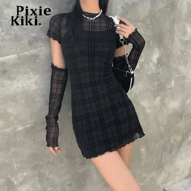 Black Mesh Plaid Dress 3 Piece Set Dark Academia Mall Goth Sexy Bodycon Mini Dress Egirl Style Clothes P94-CH29