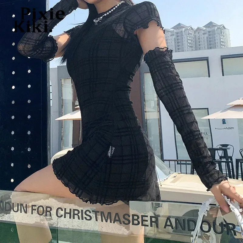 Black Mesh Plaid Dress 3 Piece Set Dark Academia Mall Goth Sexy Bodycon Mini Dress Egirl Style Clothes P94-CH29