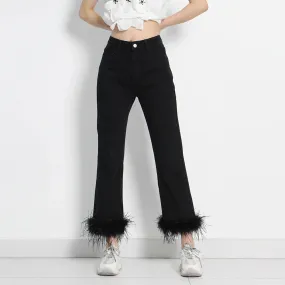 Black Patchwork Feathers Pants For Women High Waist Solid Minimalist Trousers Female Korean Fashion Clothing Style